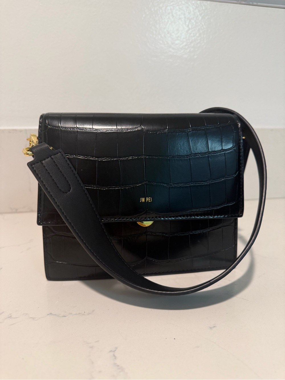 JW PEI Black Croc-Embossed Shoulder Crossbody